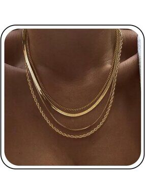 Women 4Layered Necklace Gold Non Tarnish Chunky 14k Gold Plated Layered Necklace